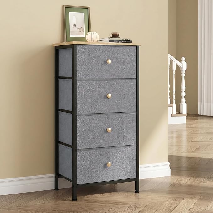 DUMOS Nightstand with 4 Drawers, Bedside Table with Removable Fabric Bins by DumosLifestyle