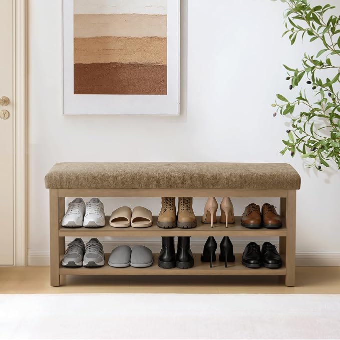 Zihanhome Shoe Rack Bench with Cushion, 2 Tier Solid Wood Storage Bench by Zihanhome