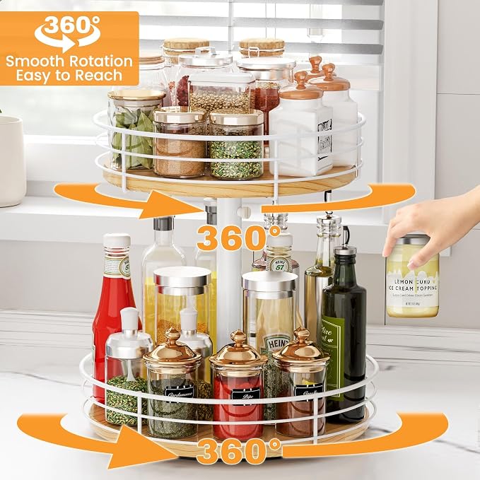 Two Tier Lazy Susan Organizer Turntable, 12 Inch, Rotating Spice Rack, Wood - Image 2