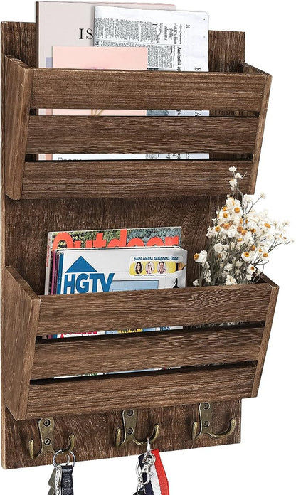 Unistyle Mail Organizer with 4 Hooks, Rustic Brown Wall Mount, Cedar Wood Key by Unistyle
