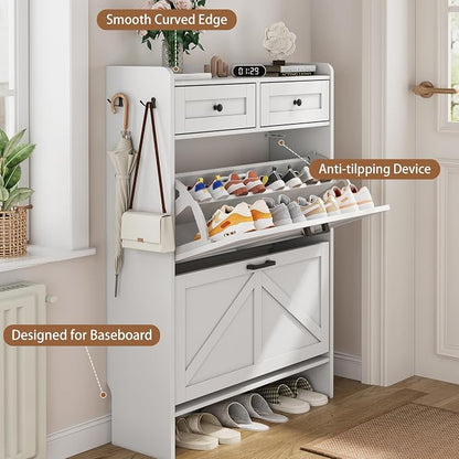 Shoe Cabinet with 2 Flip Drawers & 2 Top Drawers, Hidden Slim Shoe Rack - Image 5