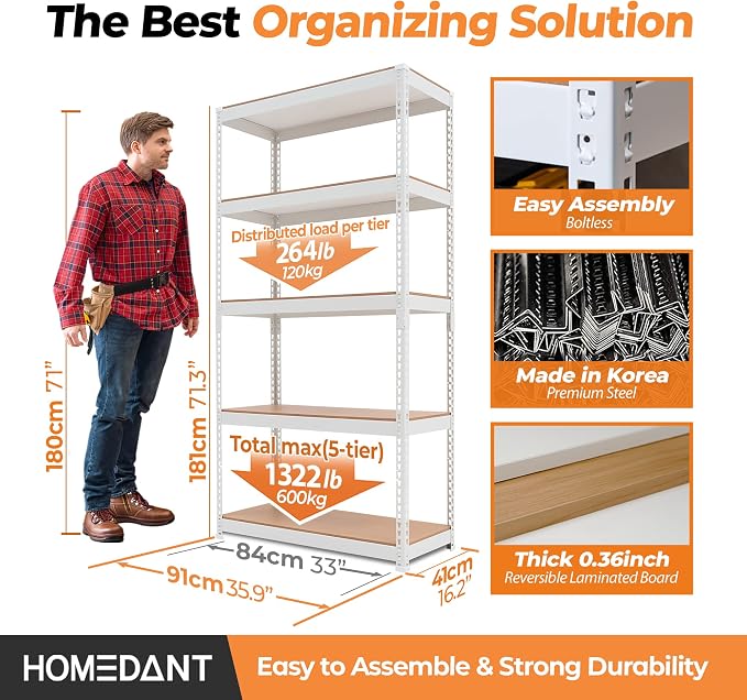 HOMEDANT 5 Tier Storage Shelves Adjustable Laminated Boltless Garage Metal - Image 2