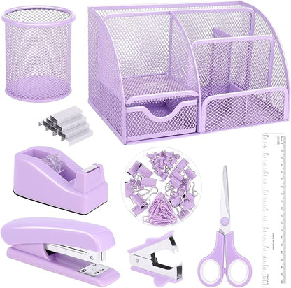 Purple Mesh Desk Organizer and Accessories, Tape Dispenser, 1000 Staples by auroray