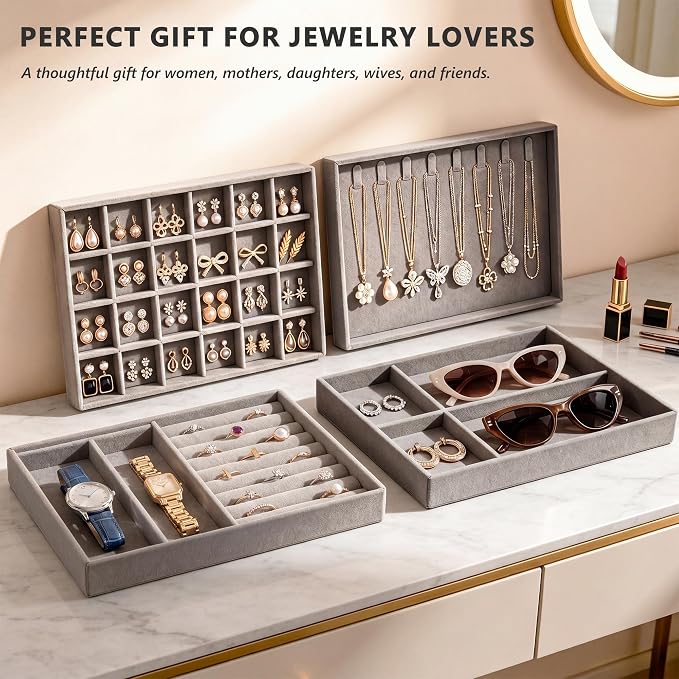 Jewelry Organizer for Drawer, Velvet Jewelry Drawer Organizer Inserts, 4-Layer - Image 5