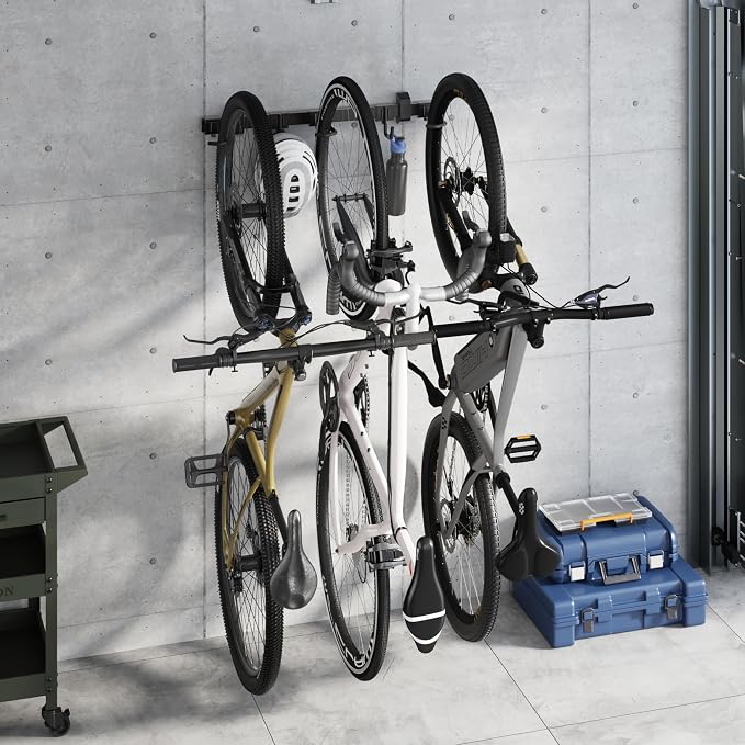 monTEK Enhanced Bike Storage Rack, Adjustable 3-Bike and 2-Helmet Hangers - Image 9