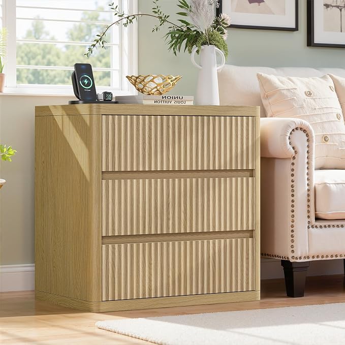 Fluted Nightstand Set of 2, Natural Oak Night Stand - Image 2