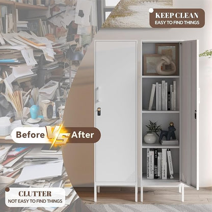 White Metal Locker Cabinet, 59.1" Lockable Storage Locker - Image 6