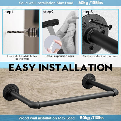 Industrial Pipe Clothes Rack Set of 2, 21” Heavy Duty Wall Mounted Clothing - Image 5
