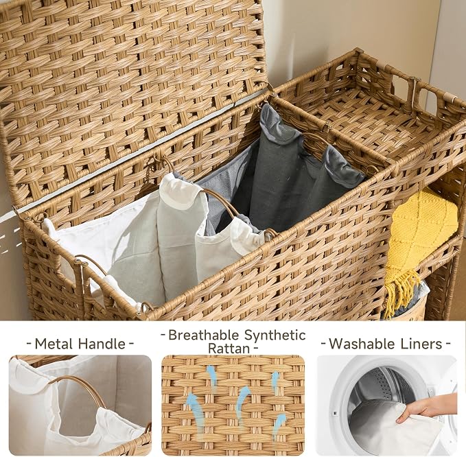 Laundry Hamper with Wheels, 42.3 Gal. Laundry Sorter with Shelves, Rattan - Image 5