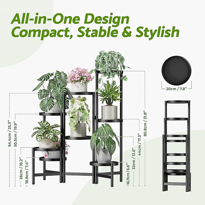 Black Stand Plants, Metal Tiered Plant Stands Indoor, 8 Tier Corner Flodable - Image 3