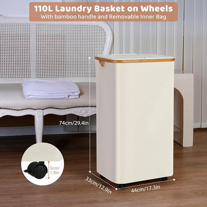 Laundry Basket with Wheels, 110L Beige Clothes Hamper - Image 2
