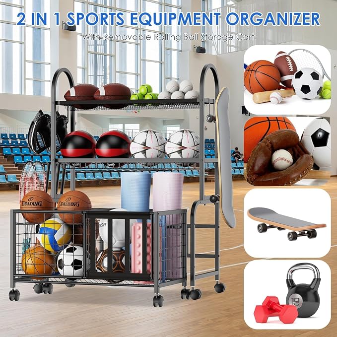 Garage Ball Storage, 2 in 1 Sports Equipment Organizer, Garage Organizer - Image 3