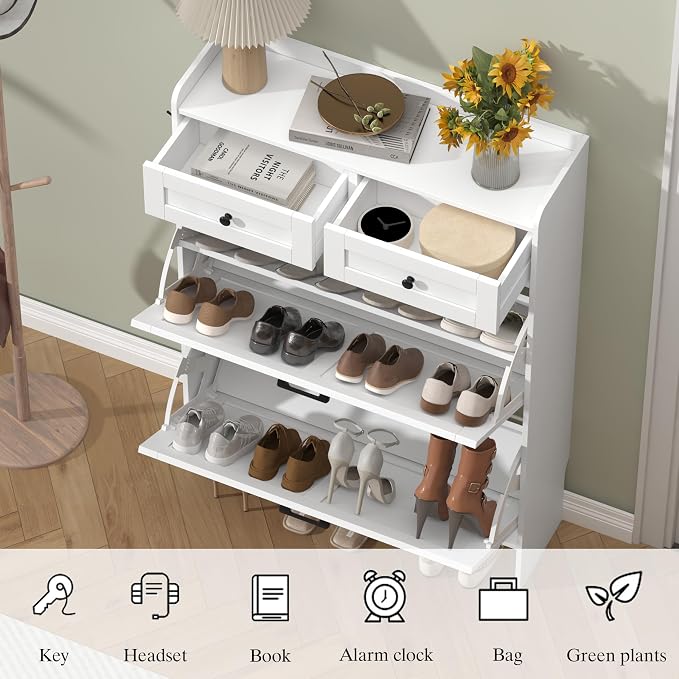 Thacuok Shoe Cabinet with 2 Flip Drawers & 2 Storage Drawers, Rustic Farmhouse - Image 5