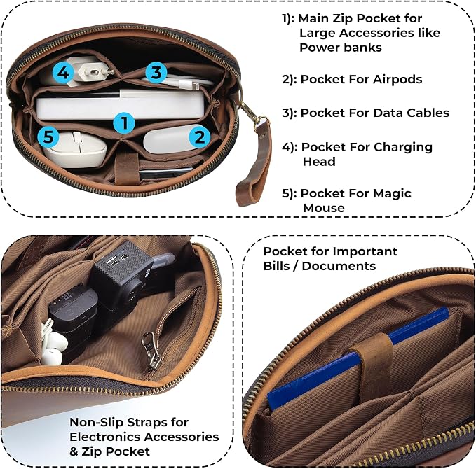 Leather Tech Pouch for Cables Chargers Phone | Tech Bag | Zipper Travel - Image 3