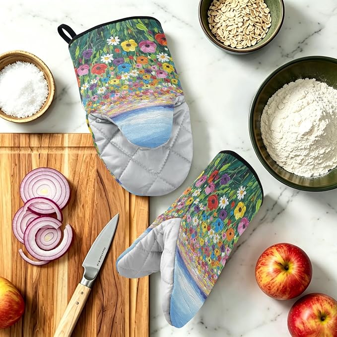 Heat Resistant Oven Mitts, Spring Daisy Colored Flowers Sea Kitchen Gloves - Image 6