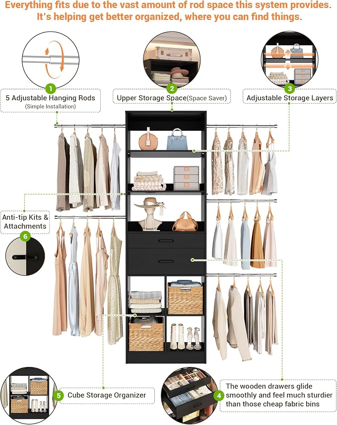 Besiost Small Closet System, 3.2-6.8FT Small Closet Organizer - Image 4