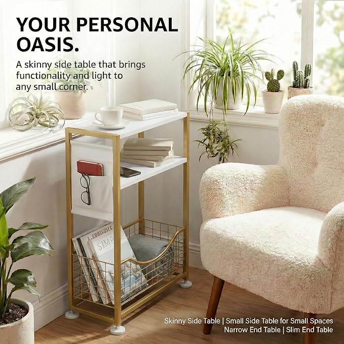Skinny Side Table with Storage, 3 Tier Slim Side Tables - Image 7
