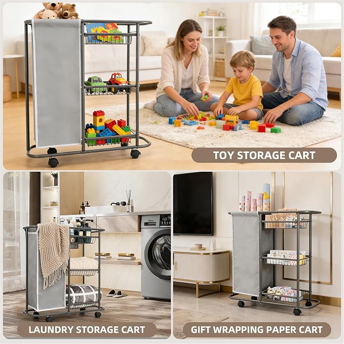 Rolling Laundry Sorter with 3 Storage Baskets and 45 L Bag, 3-Tier Laundry - Image 7