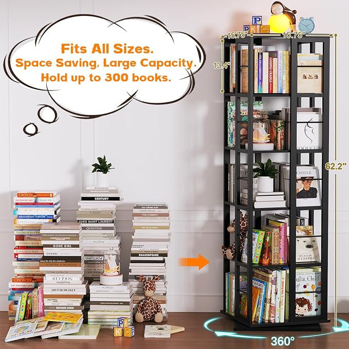 Aheaplus Rotating Bookshelf, Corner Bookcase, 360 Display Wood Spinning - Image 3