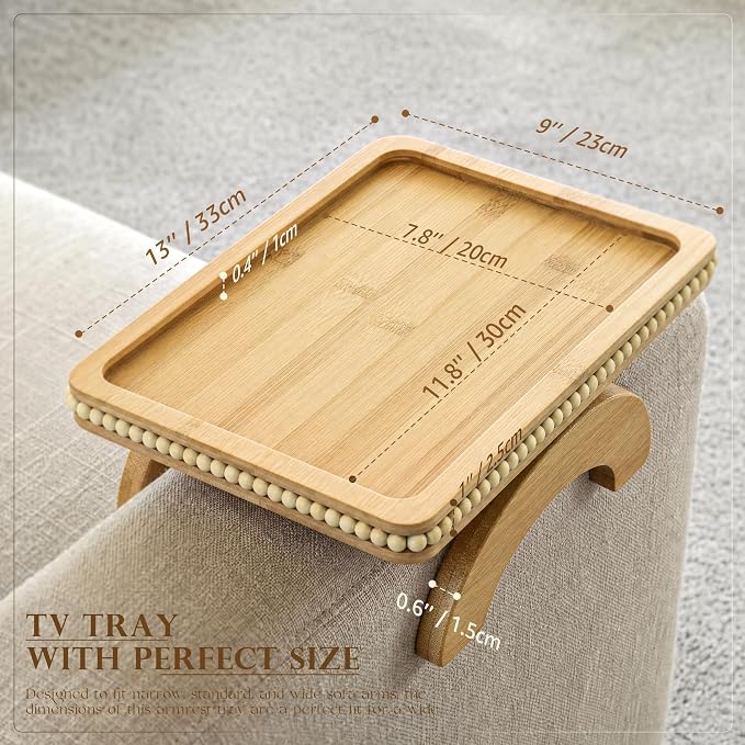 Bamboo Wood Sofa Arm Tray with Beaded Edge - Image 2