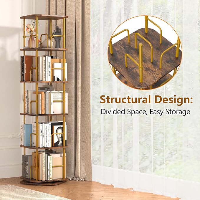 Lauxery 5 Tier Wooden Rotating Bookshelf, Metal Frame, 64 in Tall | 1000lbs - Image 3