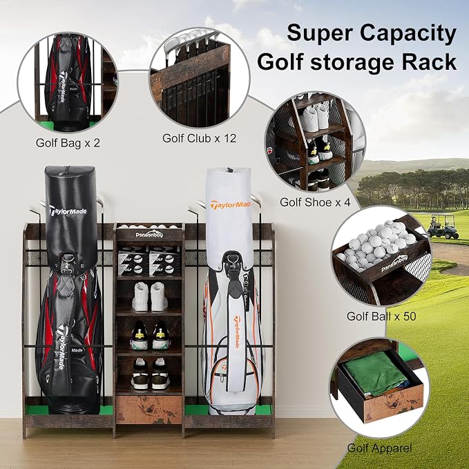 Golf Bag Storage Organizer for Garage, Premium Wooden 2 Golf Bags Rack - Image 2