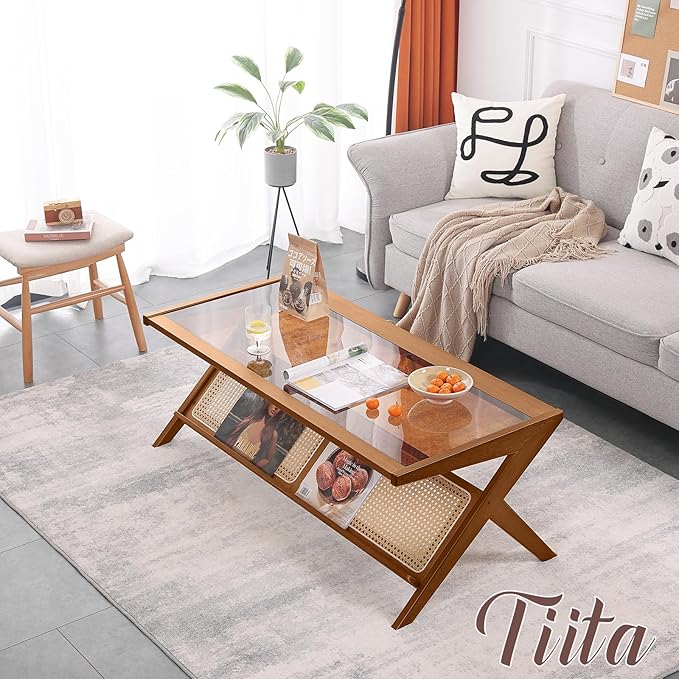 Tiita Rattan Coffee Table, Bamboo Accent Bedside Tables, Glass Nightstand Side - Image 7