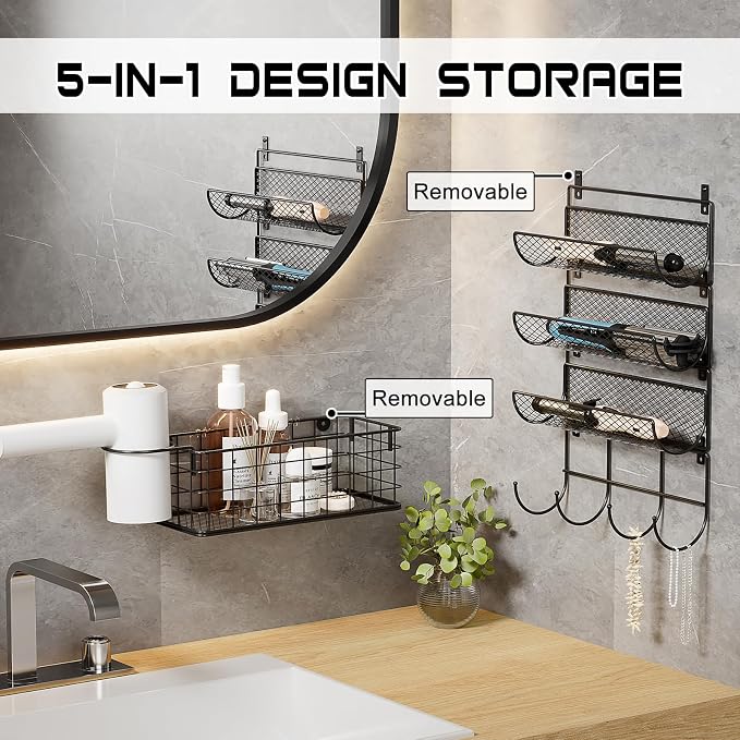 Wall-Mounted Hair Dryer Holder Styling Tool Organizer 4-Shelf Storage Wire - Image 5