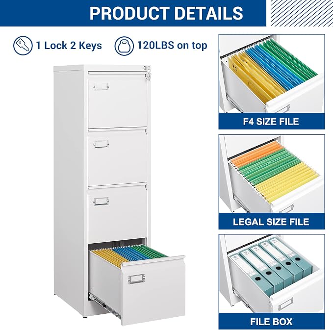 File Cabinets - 4 Drawers Vertical 17.8" Deep Lockable Filing Cabinet - White - Image 8