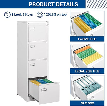 File Cabinets - 4 Drawers Vertical 17.8" Deep Lockable Filing Cabinet - White - Image 8