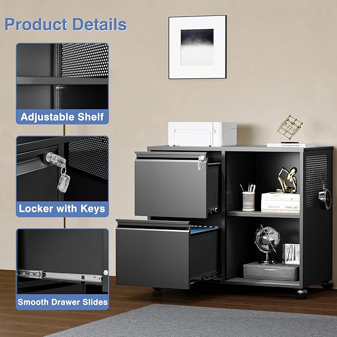 Mobile Lateral File Cabinet, 2 Drawer Filing Cabinet - Image 5