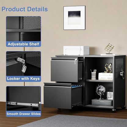 Mobile Lateral File Cabinet, 2 Drawer Filing Cabinet - Image 5