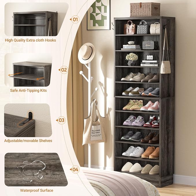 Aheaplus Narrow Shoe Cabinet, 10 Tiers Tall Wood Shoe Rack, Shoe Storage - Image 7