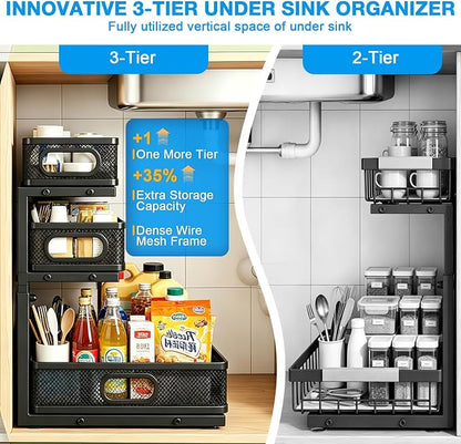 Under Sink Organizer, Height Adjustable Slide out Storage Drawer Rack - Image 2