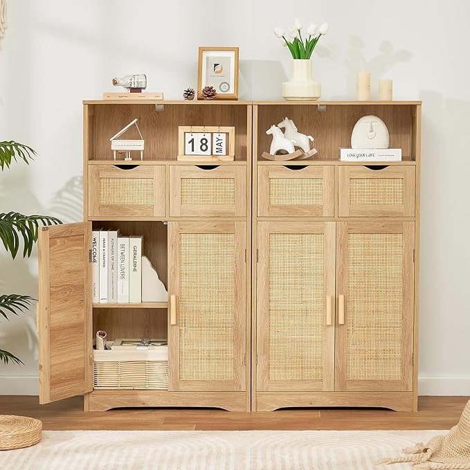 Iwell Storage Cabinet with 2 Drawers & Adjustable Shelves, Rattan Cabinet - Image 2