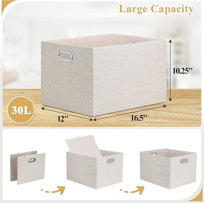 Posprica Closet Storage Bins, 4 Pack Large Closet Shelf Organizers, Linen - Image 3