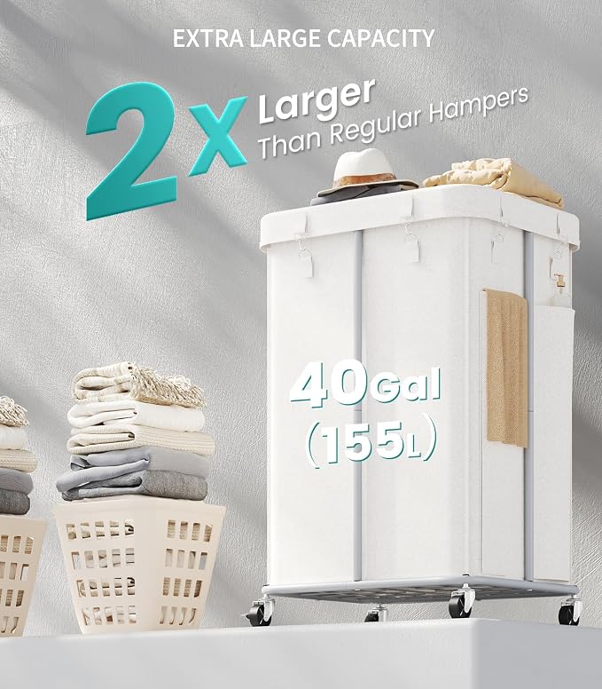 155L Laundry Hamper with Wheels, Rolling Laundry Basket with Metal Frame and - Image 3