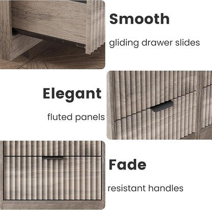 LED Nightstand with Charging Station, Fluted Nightstand Set of 2, Wood - Image 8