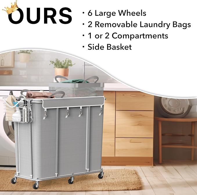 Simple Houseware Extra Large 2 Section Rolling Laundry Cart 265 Liter – Heavy - Image 5