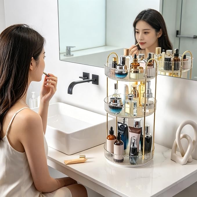 360° Rotating Makeup Organizer, Large Capacity 3 Tier Perfume Skincare Clear - Image 2