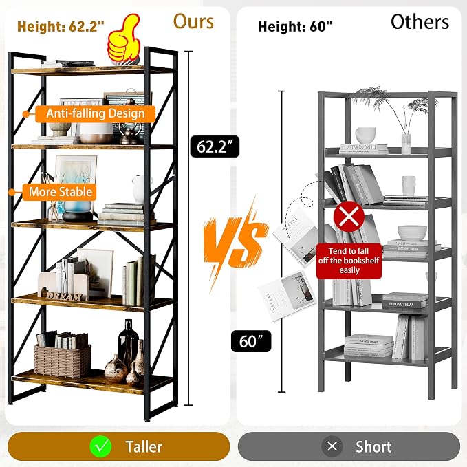 Shintenchi 5 Tiers Bookshelf, Classically Tall Bookcase Shelf, Industrial Book - Image 3