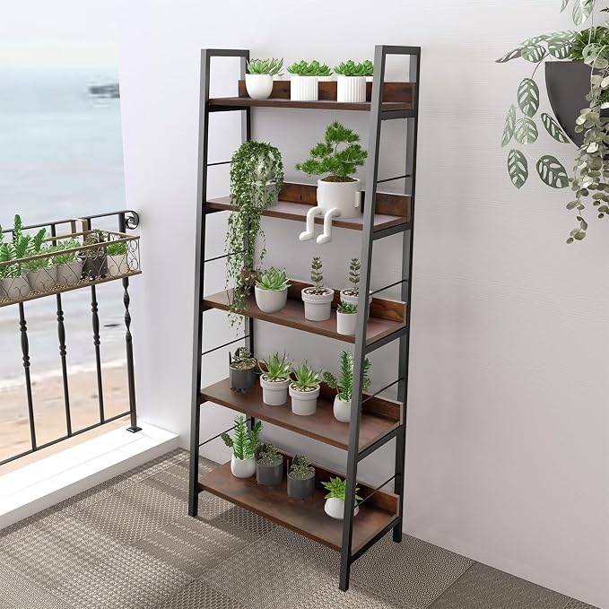 Himimi Industrial Bookshelf 5-Tier, Home Office Bookcase Ladder Shelf, - Image 2