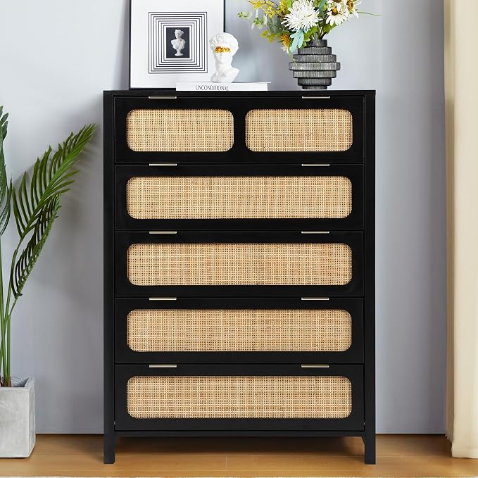 5 Drawer Dresser with Rattan Finish, Modern Farmhouse Chest of Drawers with - Image 3