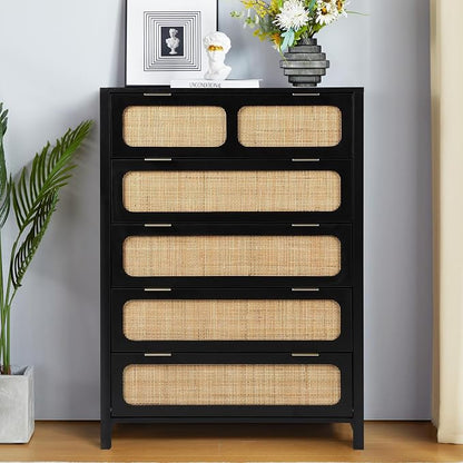 5 Drawer Dresser with Rattan Finish, Modern Farmhouse Chest of Drawers with - Image 3