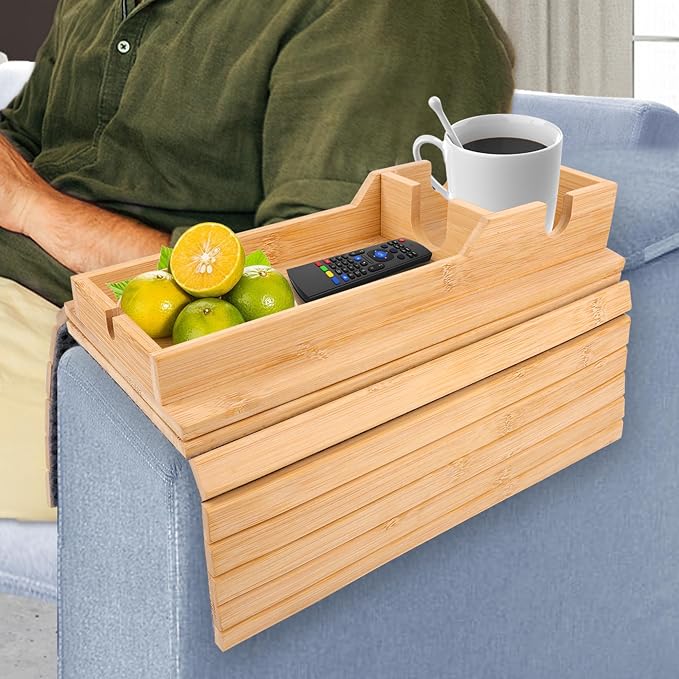 13.4" x 4.6" Couch Armrest Table, Foldable Bamboo Tray - Image 6