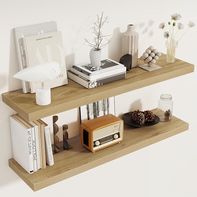 40 Inch Floating Shelves Set of 2, 8 Inch Deep Wall Shelf, Rustic Wood Storage by FunMemories
