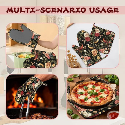 Vintage Rose Peony Floral Oven Mitts and Pot Holders, Bird Heat Resistant - Image 6