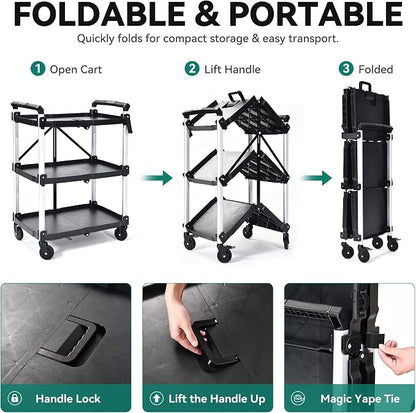 YITAHOME 3-Tier Large Folding Utility Cart w/Wheels, 300lbs | Foldable Service - Image 6