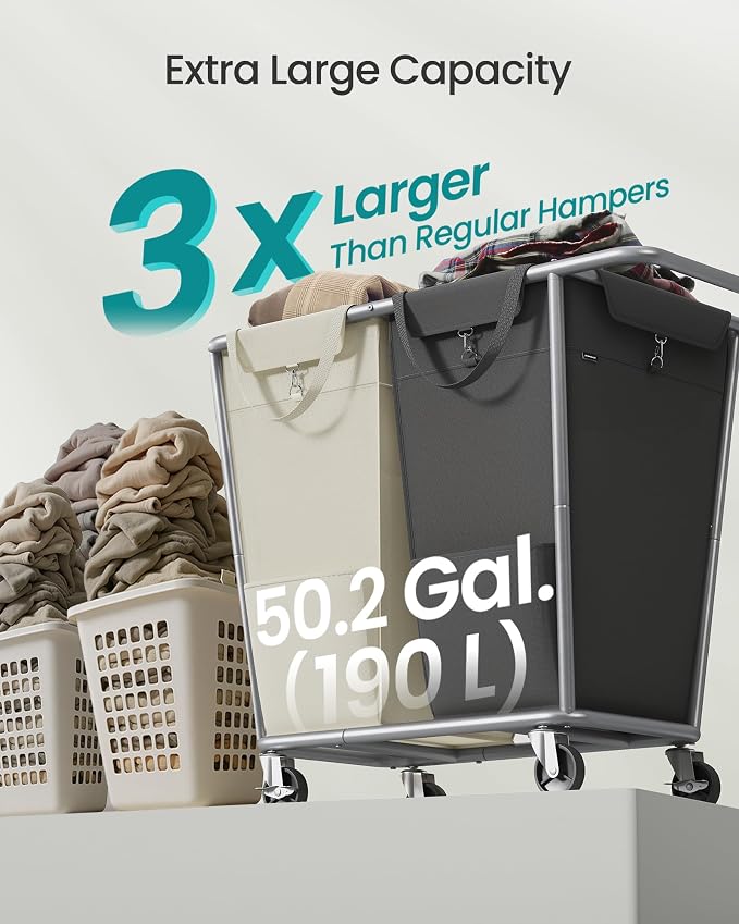 SONGMICS Laundry Basket with Wheels, 2-Section Laundry Sorter, 50.2 Gallons - Image 3