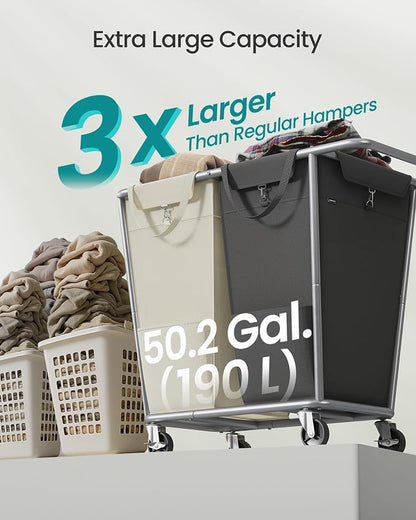 SONGMICS Laundry Basket with Wheels, 2-Section Laundry Sorter, 50.2 Gallons - Image 3